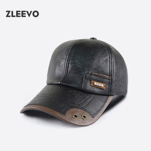 / 秋冬新款PU皮质棒球帽时尚拼接加绒中老年鸭舌帽子