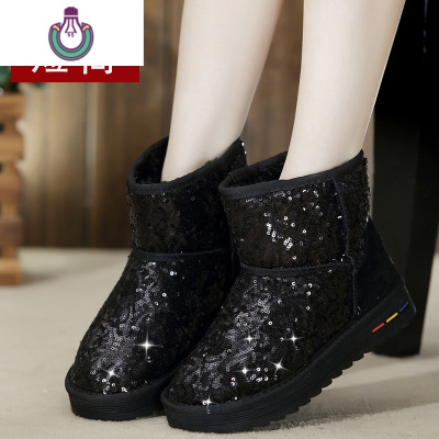 FISHBASKET亮片雪地靴女冬季皮防水厚底短筒靴女百搭韩版内增高棉靴潮棉鞋靴子