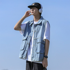 日系潮牌春秋新款休闲工装马甲男无袖牛仔宽松翻领百搭背心外套男