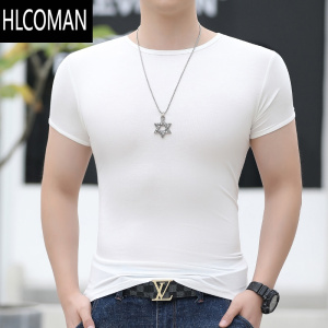 HLCOMAN莫代尔夏季薄款透气圆领T恤男短袖修身纯色大码青年白色打底衫潮