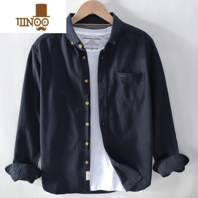 YANXU日系复古休闲长袖衬衫男士宽松免烫衬衣款上衣服寸衫外套
