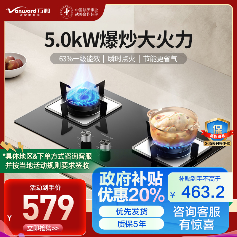 万和(Vanward)天然气燃气灶具煤气炉双灶嵌入式家用5.0kW大火力内直外旋火设计63%一级能效JZT-B6L60