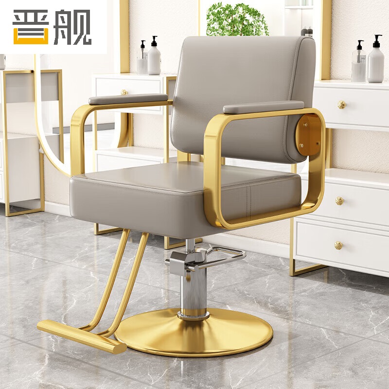 晋舰理发店专用椅子发廊高端美发烫染区升降座椅美发椅子电镀金圆盘-浅灰色