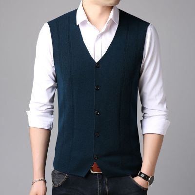 梵克公牛(bull)春季纯羊毛针织衫西装开衫马甲v领西服毛衣男背心衫