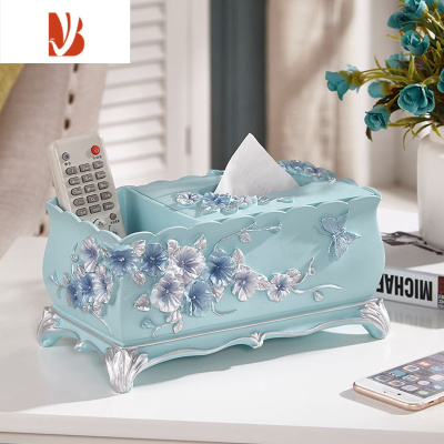三维工匠欧式树脂纸巾盒客厅抽纸盒创意纸抽盒遥控器收纳盒家用纸巾筒 漱格-016蓝纸巾盒