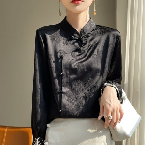 新中式白色衬衫女春夏新款国风提花衬衣立领缎面百搭上衣高级感