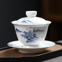 元青功夫茶具三才盖碗(MULTIPOTENT)手绘江山如画薄胎瓷盖碗