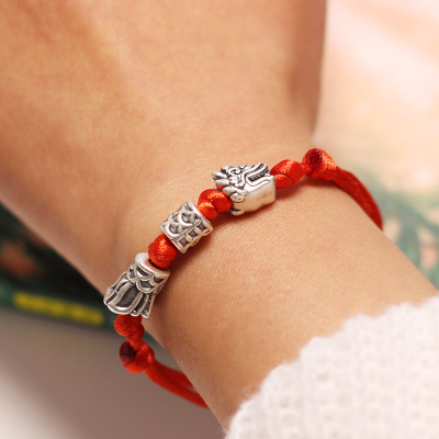 原创银饰手串手绳纯银复古本命年转运编织金刚结红绳手链中国神龙送女朋友老婆情人节七夕生日礼物