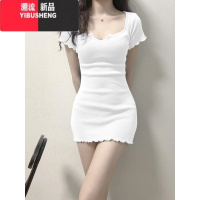 YIBUSHENG辣妹蓝色v领短袖t恤连衣裙女季小个子修身性感包臀a字短裙裙子