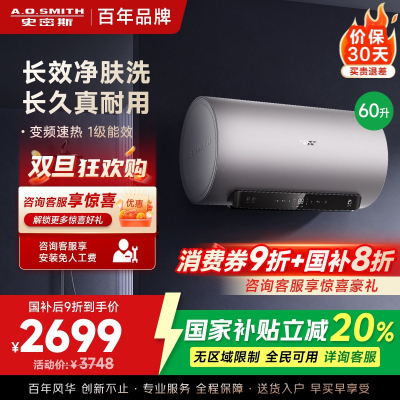 AO史密斯电热水器60升 国家补贴 80吨长效净水洗 免清洗 3kW变频速热 金圭特护 短款 E60ED6