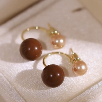 咖色复古撞色圆球珍珠耳环小众设计感两戴耳坠气质925银针耳饰女送女朋友老婆情人节七夕生日礼物