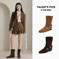 新款复古绒面短靴秋冬洋气马丁靴休闲尖头西部牛仔扣带女靴潮