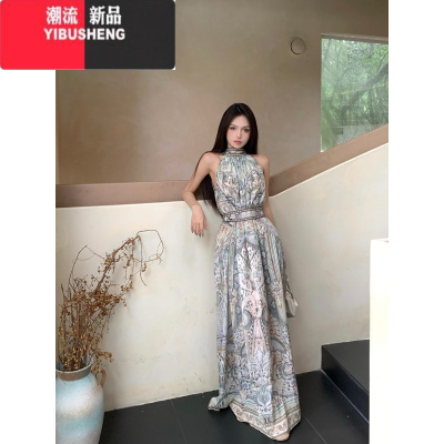 YIBUSHENG波西米亚风印花挂脖连衣裙女季设计感气质长裙显瘦收腰a字裙子