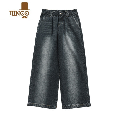 YANXU褶位设计宽松水洗直筒牛仔裤男女百搭时髦长裤潮