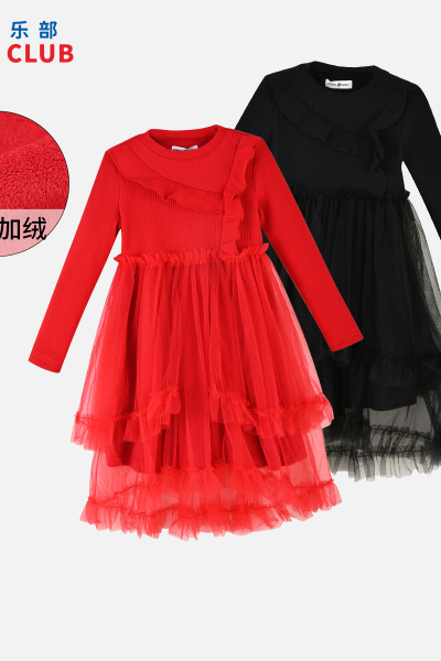 [1件3折]铅笔俱乐部秋冬新款女童连衣裙中大童加绒加厚针织拼接网纱裙