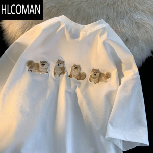 HLCOMAN日系白色短袖t恤男夏季美式刺绣宽松圆领半袖高街ins潮牌情侣体恤