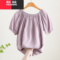 YIBUSHENG新款棉绸短袖衬衫女天大码百搭显瘦一字肩泡泡袖t恤人造棉上衣