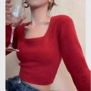 方领内搭长袖针织衫女装新款春秋季设计感小众高腰短款打底上衣潮
