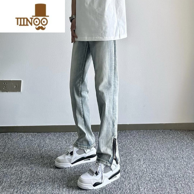 YANXU侧边拉链微喇牛仔裤男水洗痞帅裤子网红美式高街潮牌直筒长裤