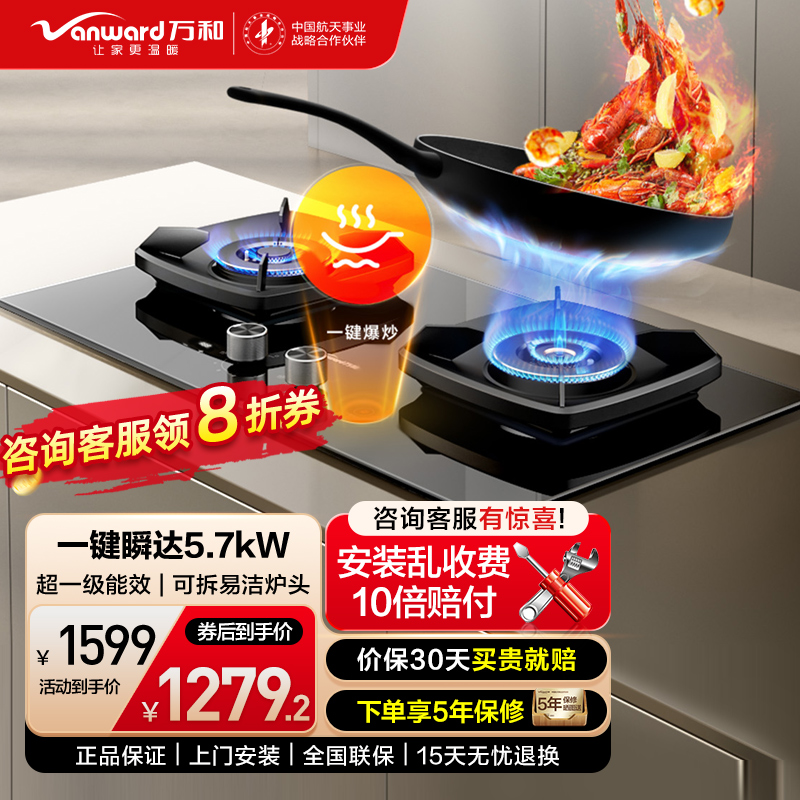 万和燃气灶天然气 5.7KW猛火90秒一键爆炒 智能定时熄火保护可调节盘JZT-S5L55