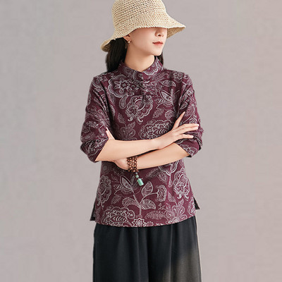 暖青汇2020新款秋装文艺民族风印花宽松长袖棉麻T恤小衫女大码短款上衣大码女装