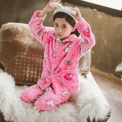 儿童法兰绒睡衣秋冬季女童小孩宝宝珊瑚绒套装男孩男童加厚家居服