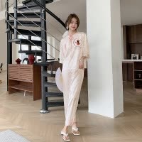 Ceba新中式睡衣女缎面提花春夏薄款短袖长裤两件套丝质家居服