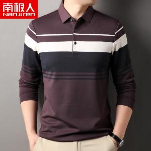 南极人男士长袖T恤翻领无痕色织条纹2025春季宽松商务休闲polo衫