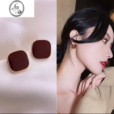 JiMi酒红色高级感耳钉925银针洋气质女耳环2023年新款潮小众轻奢耳饰