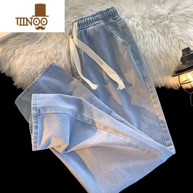 YANXU美式复古抽绳牛仔裤男夏季宽松薄款直筒裤港风潮牌休闲阔腿长裤子