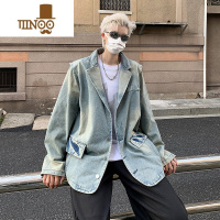 YANXU牛仔外套男款美式复古高街潮牌水洗做旧痞帅宽松西装领夹克