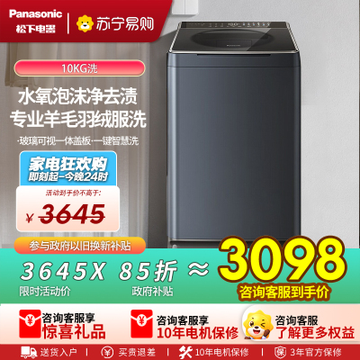 松下全自动10KG波轮洗衣机星曜银低噪节能大容量不锈钢内桶顶开式XQB100-U1D7