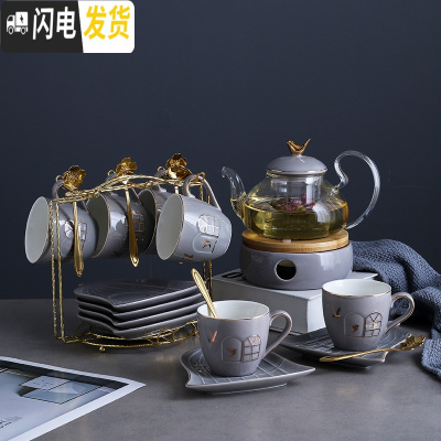 三维工匠英式北欧风陶瓷玻璃花茶具套装煮水果花茶壶下午茶茶具蜡烛可加热 灰色窗户套6(送蜡烛勺子铁架)