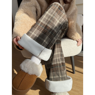 咖色格子裤子女秋冬季加绒新款小个子直筒休闲加厚毛呢阔腿裤