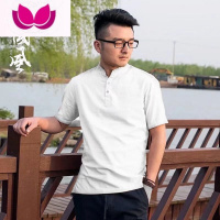 七斓亚麻短袖男t恤夏季宽松薄款中国风衬衫中式复古男装立领棉麻上衣