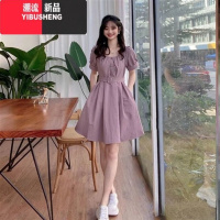 YIBUSHENG方领季连衣裙2024年新款款甜美法式收腰显瘦小个子短袖裙子