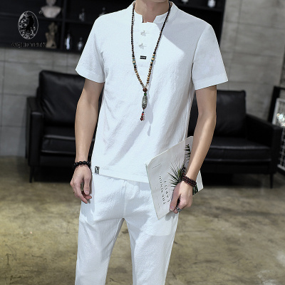 七匹狼国际公司授权WOLFTREK-中国风男装夏季亚麻短袖T恤套装男士复古棉麻大码T恤+九分裤一套