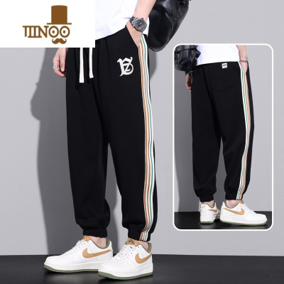 YANXU夏季薄款休闲裤男士宽松大码加肥加大胖子200斤条纹九分运动卫裤