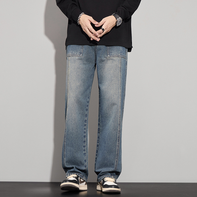 秋冬新款男士直筒牛仔裤新潮时尚百搭宽松拼接休闲阔腿裤男款