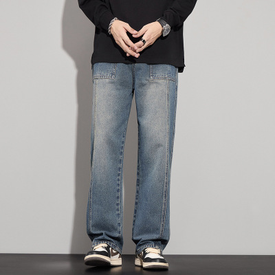 秋冬新款男士直筒牛仔裤新潮时尚百搭宽松拼接休闲阔腿裤男款