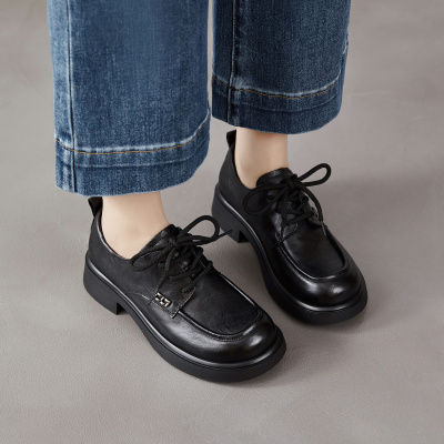 真皮鞋子女头层牛皮复古英伦系带中跟小皮鞋2026春季新款百搭单鞋
