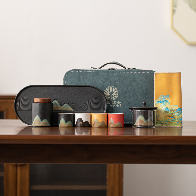 苏氏陶瓷(SUSHI CERAMICS)手绘釉画彩千里江山四色杯行云壶套装干泡盘禅黑文创伴手礼套组