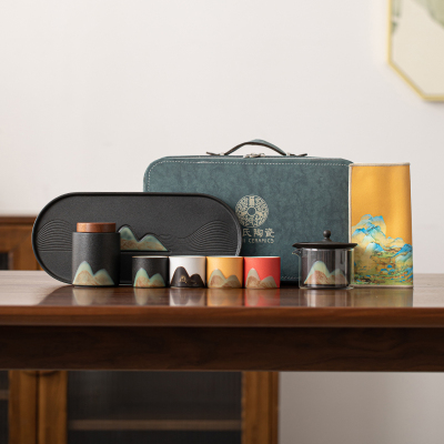 苏氏陶瓷(SUSHI CERAMICS)手绘釉画彩千里江山四色杯行云壶套装干泡盘禅黑文创伴手礼套组