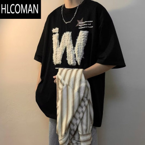 HLCOMAN夏季复古毛绒刺绣oversize短袖T恤男女潮牌宽松情侣半袖体恤