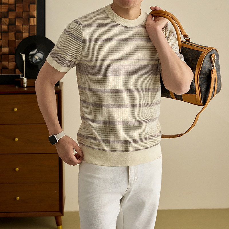 轻奢老钱风含桑蚕丝羊毛短袖男T恤春季新款针织圆领休闲男士T恤