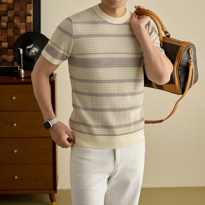 轻奢老钱风含桑蚕丝羊毛短袖男T恤春季新款针织圆领休闲男士T恤