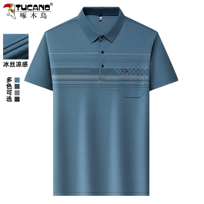 啄木鸟冰丝短袖t恤男夏季新款中老年人爸爸装休闲翻领上衣polo衫