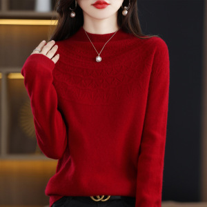 一线成衣半高领镂空半身花女装秋冬新款针织衫宽松毛衣打底衫