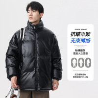 男装新款pu皮棉衣青少年时尚立领百搭加厚宽松纯色二开棉衣男外套