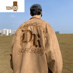 YANXU字母刺绣夹克男士卡其色休闲外套长袖港风宽松百搭男款衣服